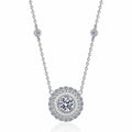 Round Disc Halo Moissanite Pendant Necklace with CZ in Rhodium-Plated S925 sterling silver white background product photo showing round disc halo pendant with a moissanite center and CZ border
