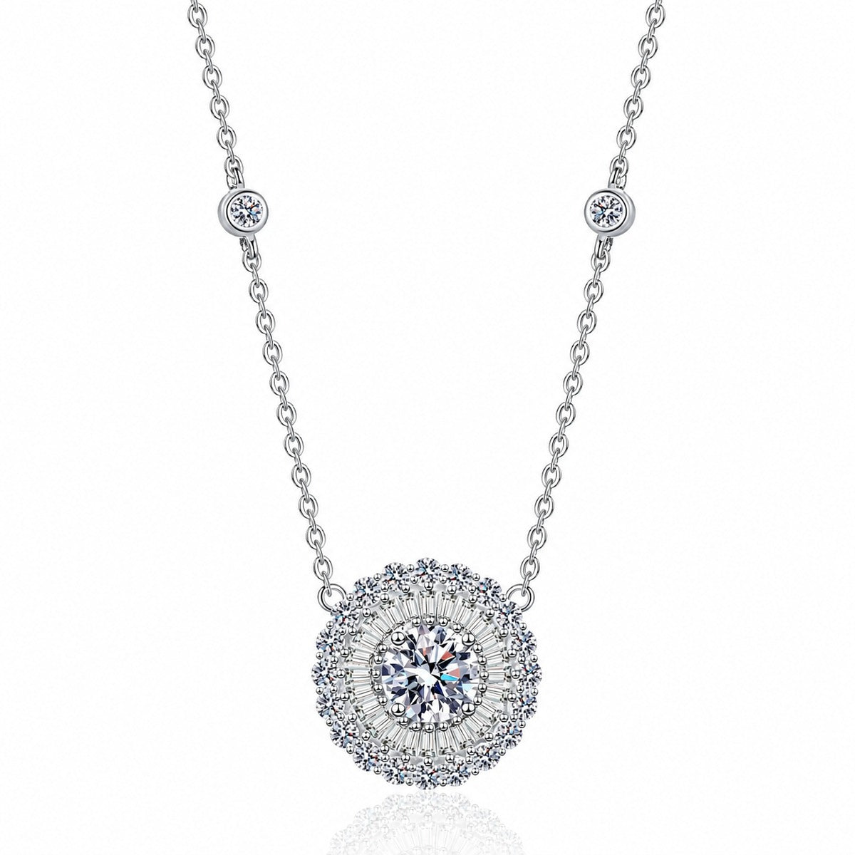 Round Disc Halo Moissanite Pendant Necklace with CZ in Rhodium-Plated S925 sterling silver white background product photo showing round disc halo pendant with a moissanite center and CZ border