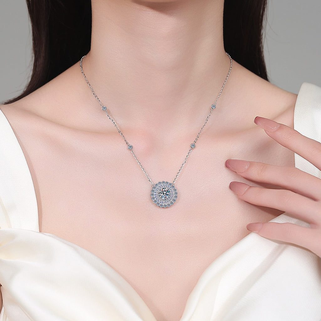 Round Disc Halo Moissanite Pendant Necklace with CZ in Rhodium-Plated S925 sterling silver neckline model view showing pendant scale and adjustable chain