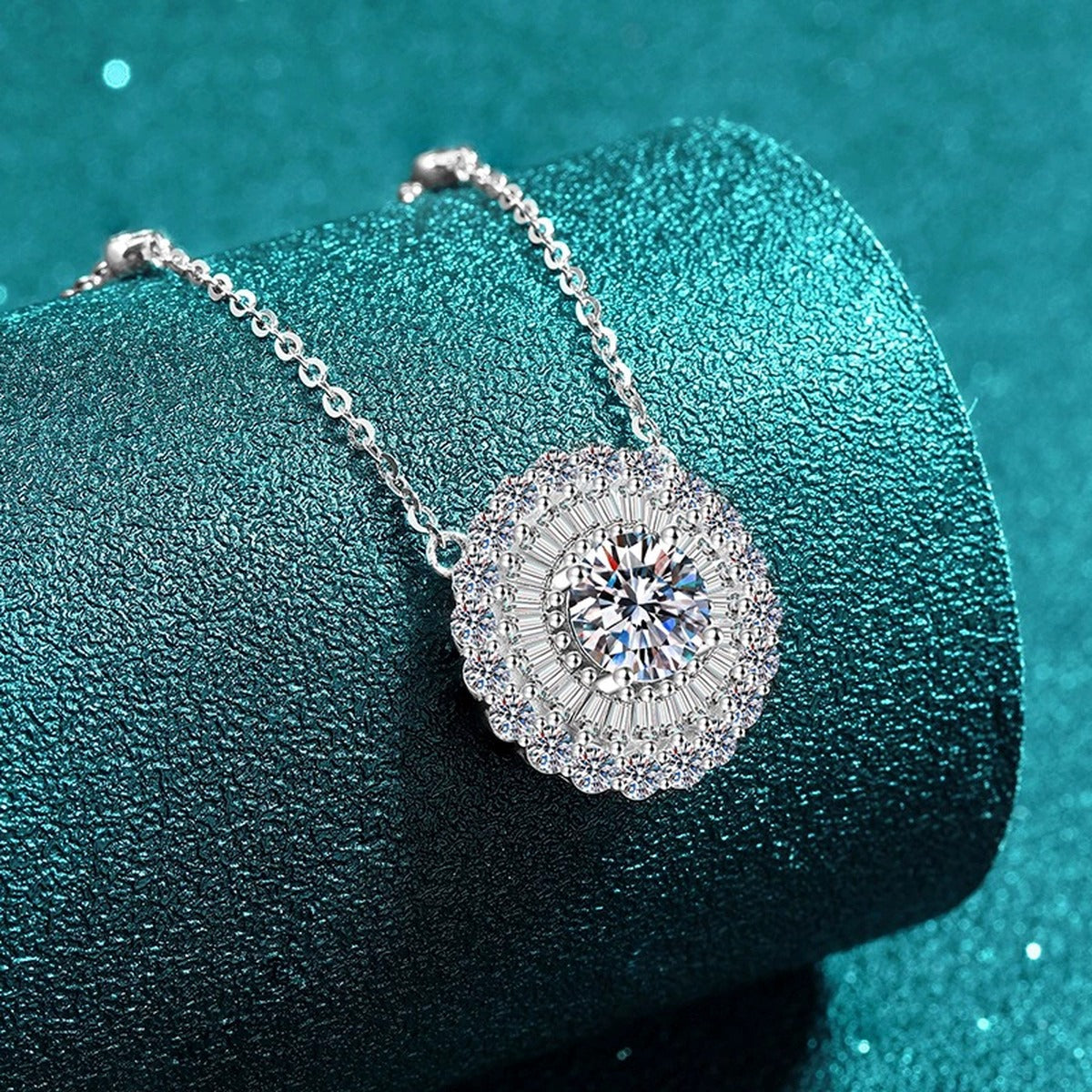 Round Disc Halo Moissanite Pendant Necklace with CZ in Rhodium-Plated S925 sterling silver close-up product scene showing pendant setting