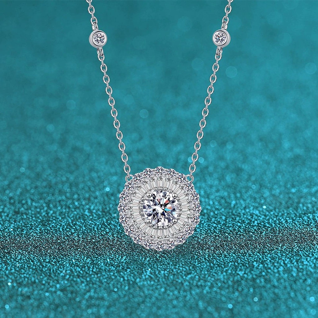 Round Disc Halo Moissanite Pendant Necklace with CZ in Rhodium-Plated S925 sterling silver blue display scene showing chain and stone layout