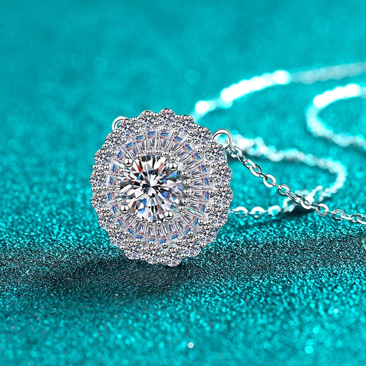 Round Disc Halo Moissanite Pendant Necklace with CZ in Rhodium-Plated S925 sterling silver angled product detail view