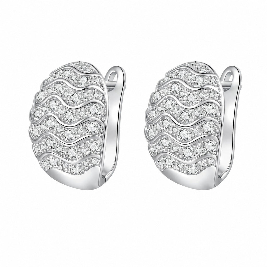 Wave Pave Moissanite Huggie Hoop Earrings in Rhodium-Plated S925 sterling silver white background product photo showing the pair, stone shape, and huggie hoop earrings silhouette