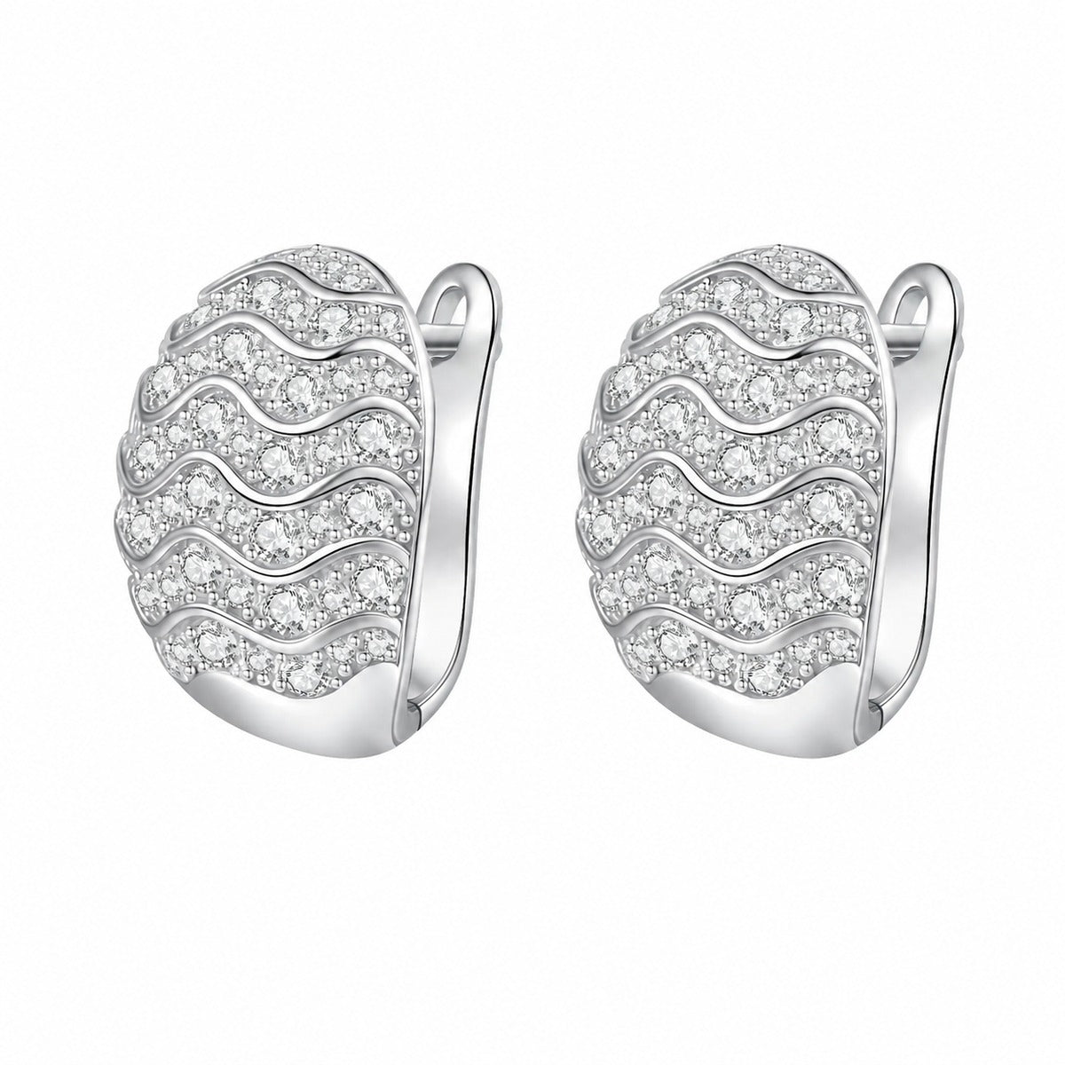 Wave Pave Moissanite Huggie Hoop Earrings in Rhodium-Plated S925 sterling silver white background product photo showing the pair, stone shape, and huggie hoop earrings silhouette