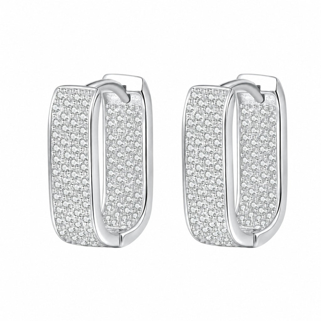 Rectangle Pave Moissanite Hoop Earrings in Rhodium-Plated S925 sterling silver white background product photo showing the pair, stone shape, and hoop earrings silhouette