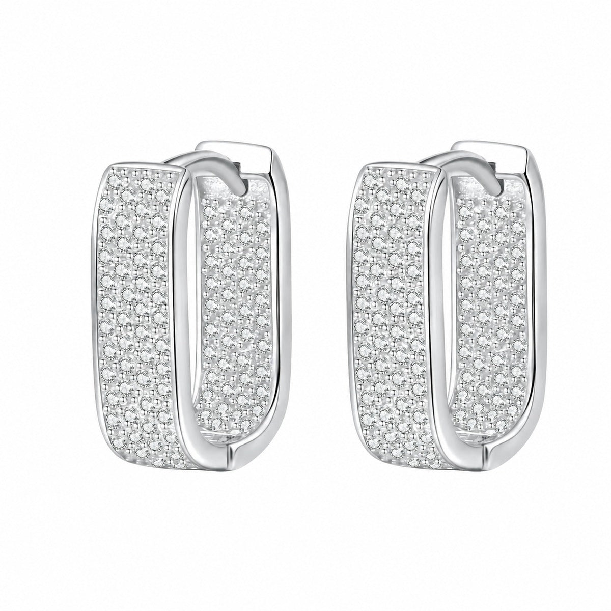 Rectangle Pave Moissanite Hoop Earrings in Rhodium-Plated S925 sterling silver white background product photo showing the pair, stone shape, and hoop earrings silhouette