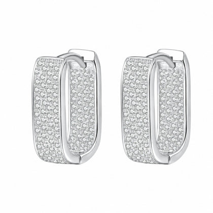 Rectangle Pave Moissanite Hoop Earrings in Rhodium-Plated S925 sterling silver white background product photo showing the pair, stone shape, and hoop earrings silhouette