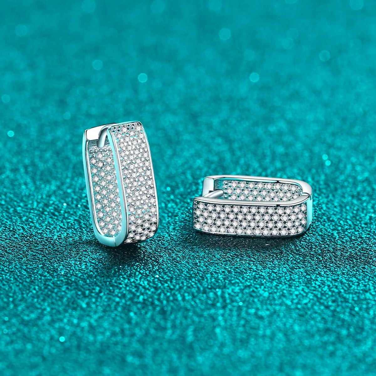 Rectangle Pave Moissanite Hoop Earrings in Rhodium-Plated S925 sterling silver product scene view showing front sparkle