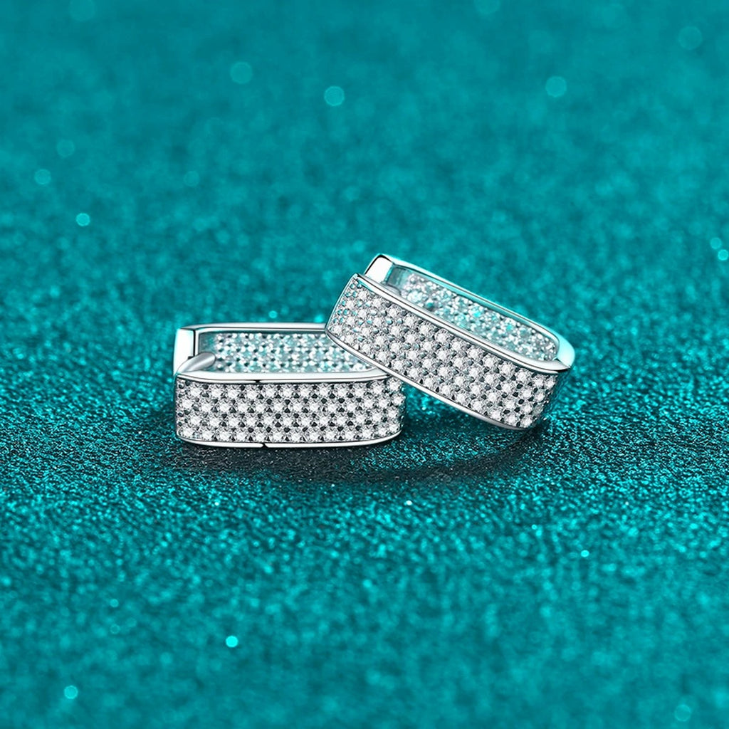 Rectangle Pave Moissanite Hoop Earrings in Rhodium-Plated S925 sterling silver product scene view showing angled setting detail