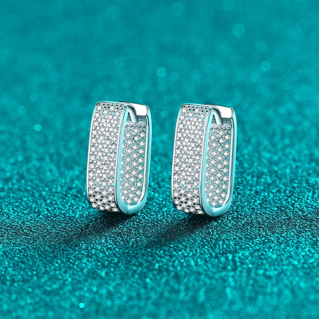 Rectangle Pave Moissanite Hoop Earrings in Rhodium-Plated S925 sterling silver product scene view showing side profile
