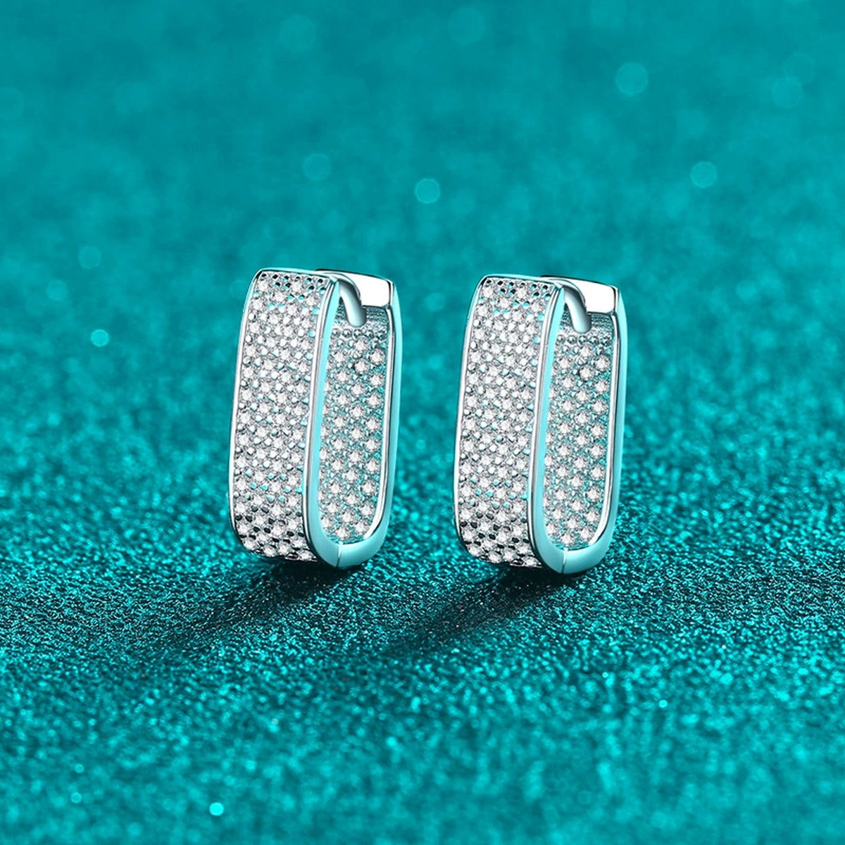 Rectangle Pave Moissanite Hoop Earrings in Rhodium-Plated S925 sterling silver product scene view showing side profile