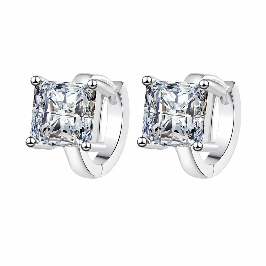 Princess Cut Moissanite Huggie Hoop Earrings in Rhodium-Plated S925 sterling silver white background product photo showing the pair, stone shape, and huggie hoop earrings silhouette