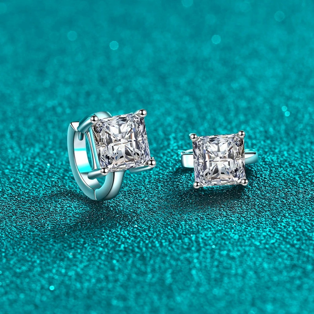 Princess Cut Moissanite Huggie Hoop Earrings in Rhodium-Plated S925 sterling silver product scene view showing front sparkle