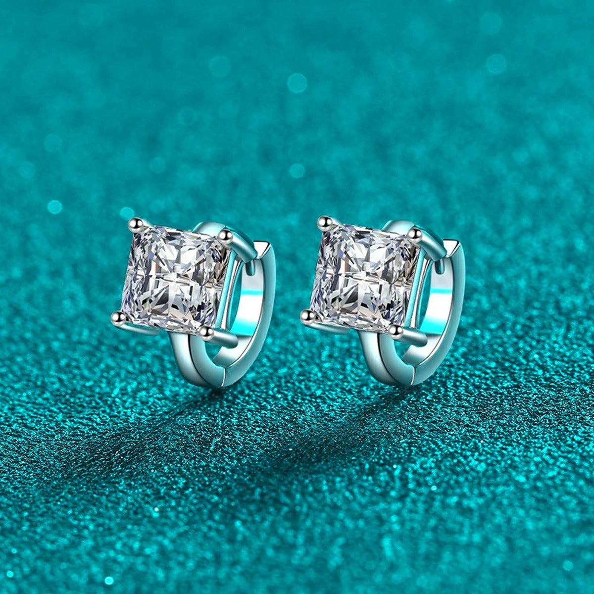 Princess Cut Moissanite Huggie Hoop Earrings in Rhodium-Plated S925 sterling silver product scene view showing side profile