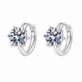 Round Moissanite Huggie Hoop Earrings in Rhodium-Plated S925 sterling silver white background product photo showing the pair, stone shape, and huggie hoop earrings silhouette