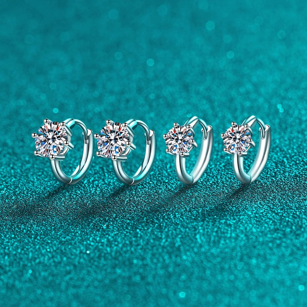 Round Moissanite Huggie Hoop Earrings in Rhodium-Plated S925 sterling silver product scene view showing front sparkle
