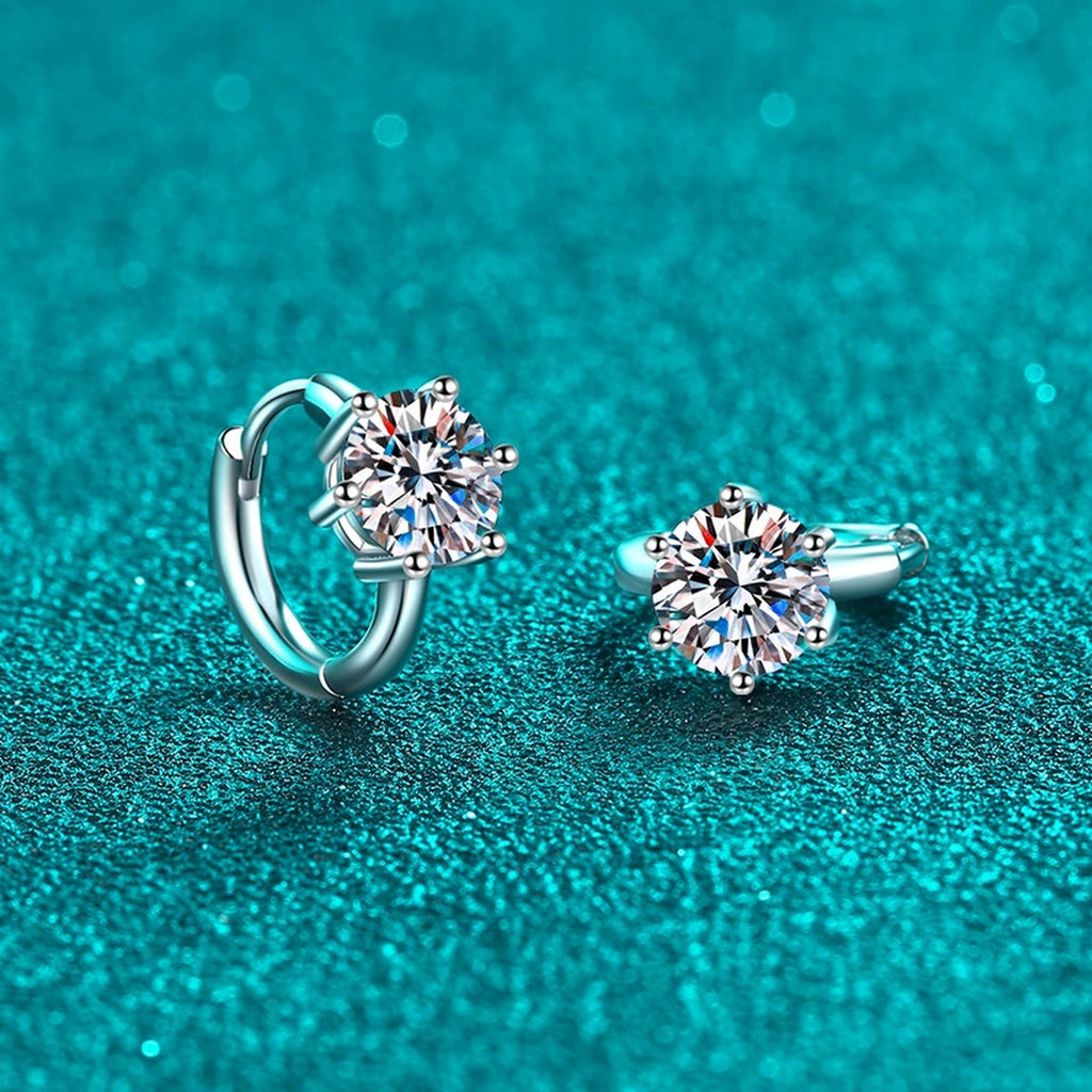 Round Moissanite Huggie Hoop Earrings in Rhodium-Plated S925 sterling silver product scene view showing side profile