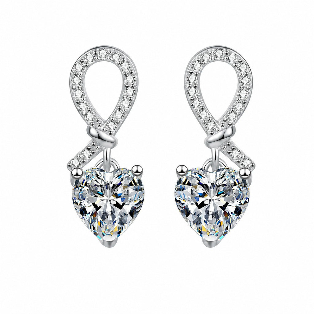 Heart Moissanite Stud Dangle Earrings with CZ in Rhodium-Plated S925 sterling silver white background product photo showing the pair, stone shape, and stud dangle earrings silhouette