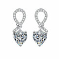 Heart Moissanite Stud Dangle Earrings with CZ in Rhodium-Plated S925 sterling silver white background product photo showing the pair, stone shape, and stud dangle earrings silhouette