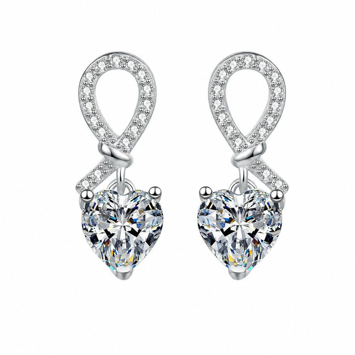 Heart Moissanite Stud Dangle Earrings with CZ in Rhodium-Plated S925 sterling silver white background product photo showing the pair, stone shape, and stud dangle earrings silhouette