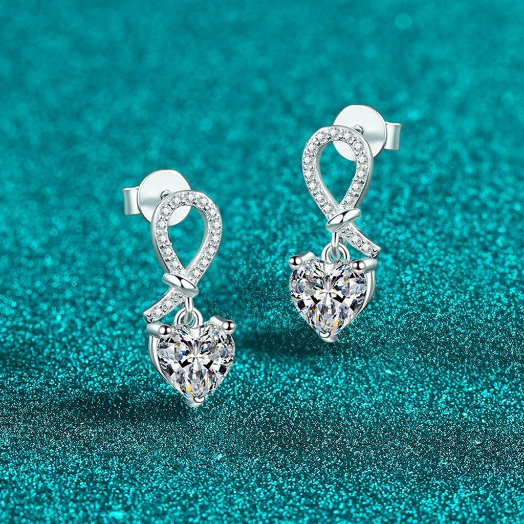 Heart Moissanite Stud Dangle Earrings with CZ in Rhodium-Plated S925 sterling silver product scene view showing front sparkle