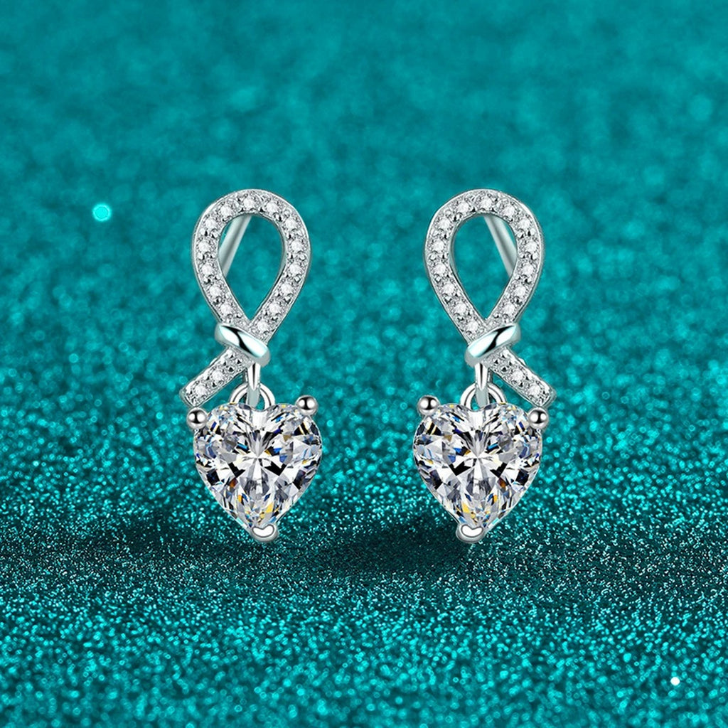 Heart Moissanite Stud Dangle Earrings with CZ in Rhodium-Plated S925 sterling silver product scene view showing side profile