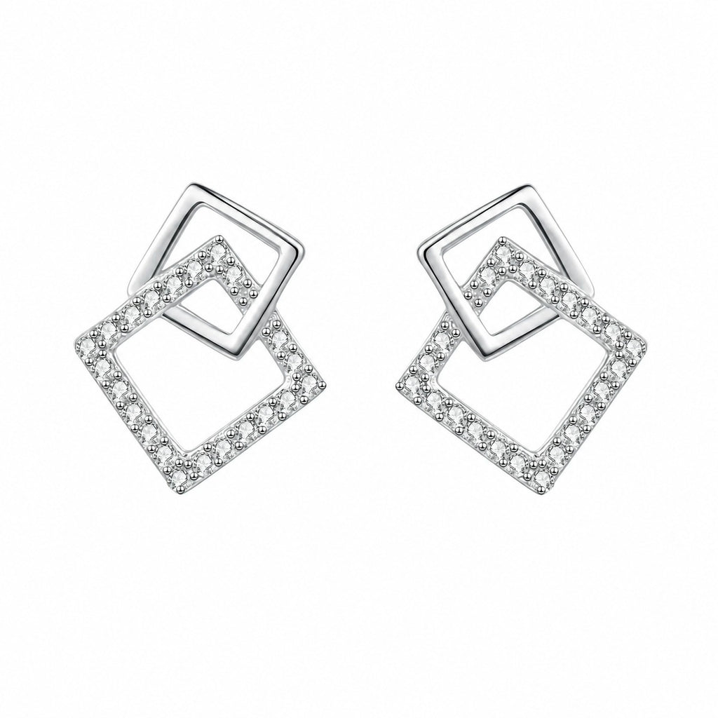 Geometric Moissanite Stud Drop Earrings in Rhodium-Plated S925 sterling silver white background product photo showing the pair, stone shape, and stud earrings silhouette