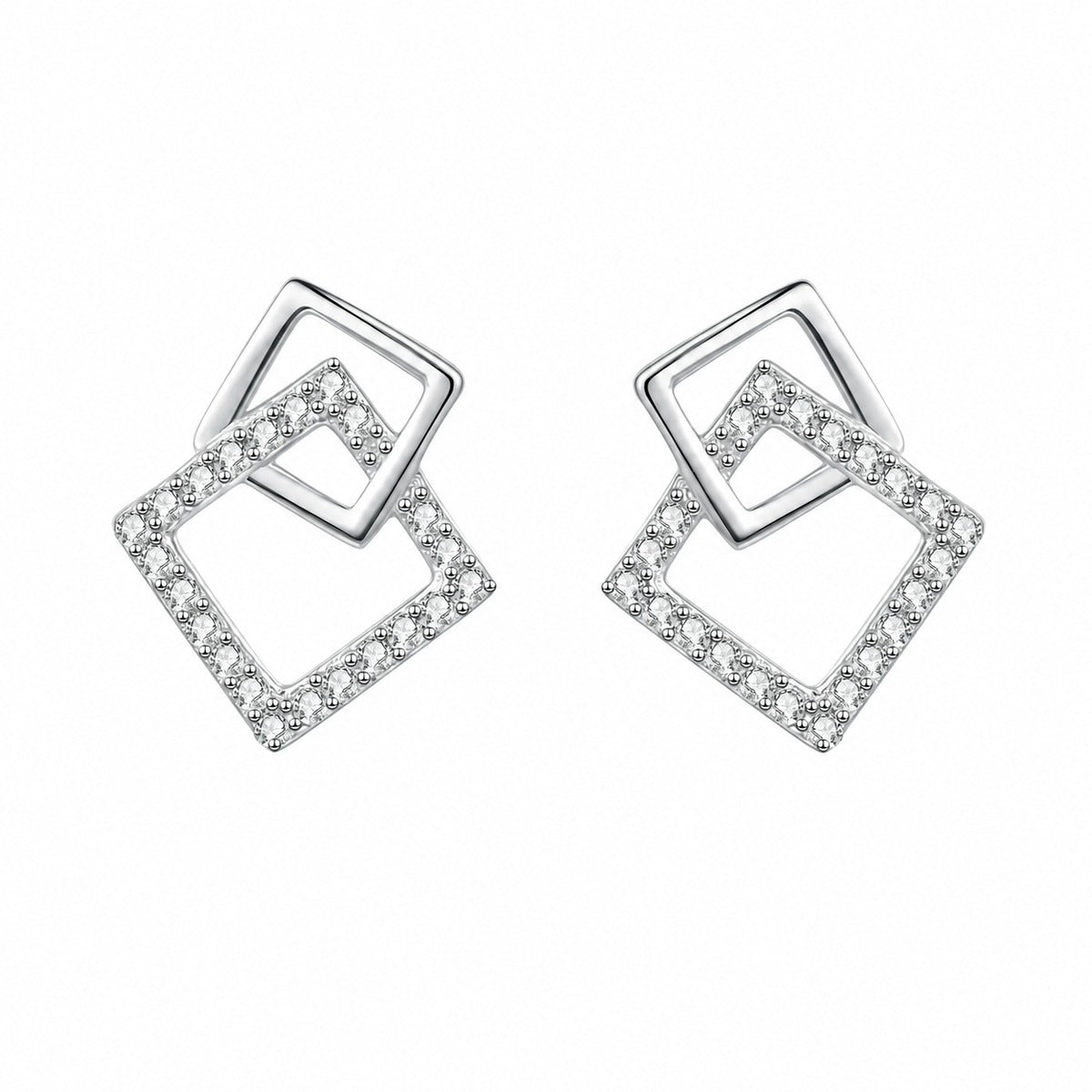 Geometric Moissanite Stud Drop Earrings in Rhodium-Plated S925 sterling silver white background product photo showing the pair, stone shape, and stud earrings silhouette
