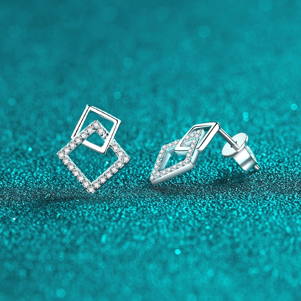 Geometric Moissanite Stud Drop Earrings in Rhodium-Plated S925 sterling silver product scene view showing front sparkle