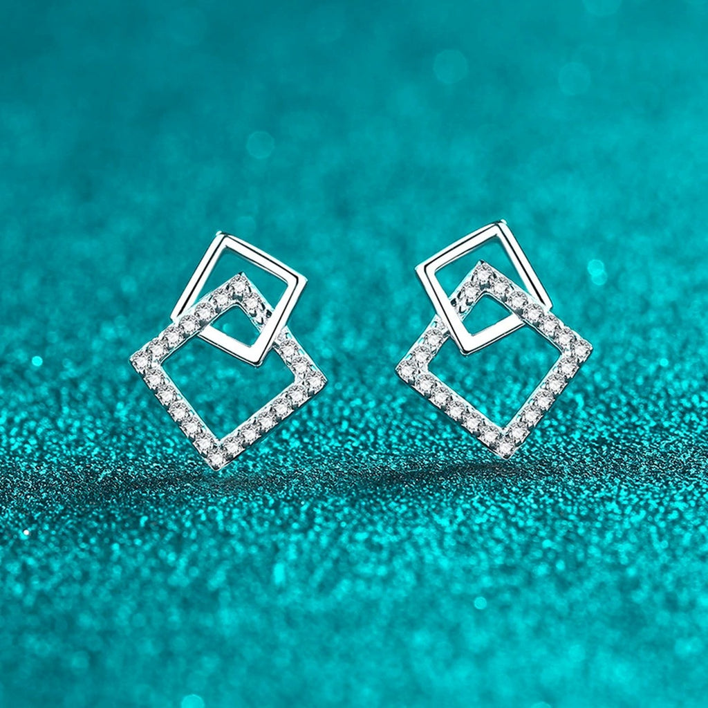 Geometric Moissanite Stud Drop Earrings in Rhodium-Plated S925 sterling silver product scene view showing angled setting detail