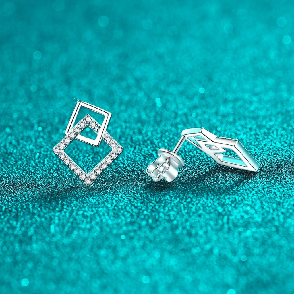 Geometric Moissanite Stud Drop Earrings in Rhodium-Plated S925 sterling silver product scene view showing side profile
