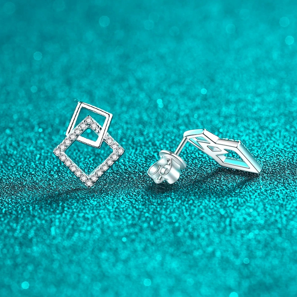 Geometric Moissanite Stud Drop Earrings in Rhodium-Plated S925 sterling silver product scene view showing side profile