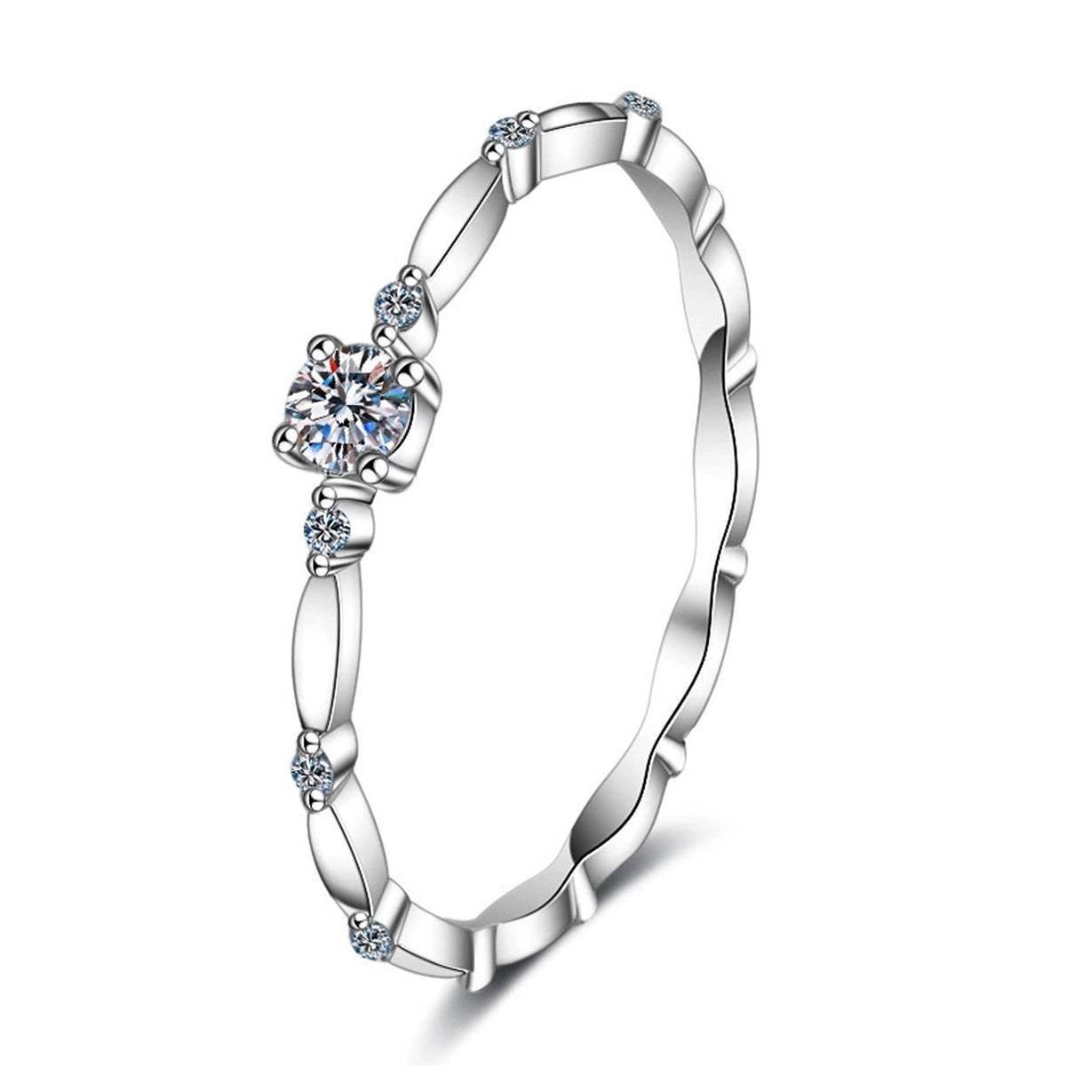 Twist Moissanite Band Ring with CZ in Rhodium-Plated S925 Sterling Silver clean white background product photo showing the ring silhouette and moissanite setting