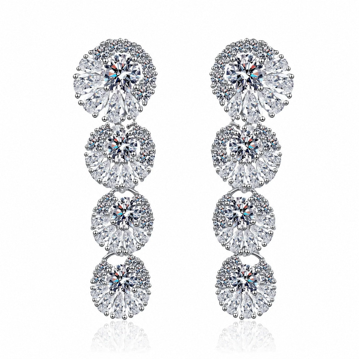 Mixed Cut Moissanite Stud Drop Earrings in Rhodium-Plated S925 sterling silver white background product photo showing the pair, stone shape, and stud earrings silhouette