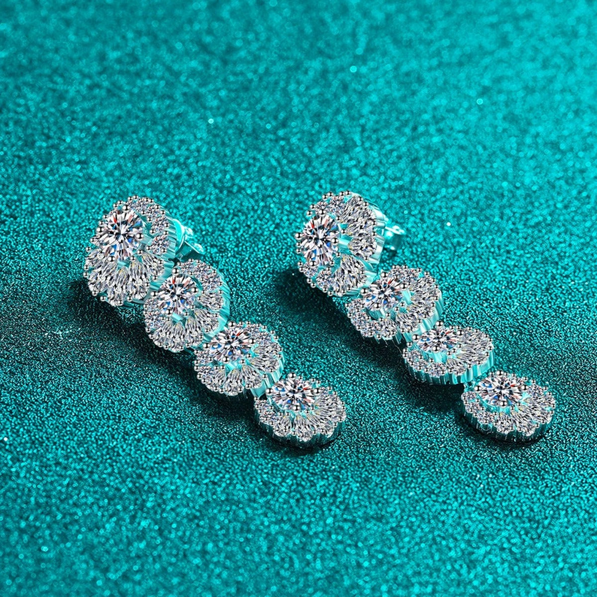 Mixed Cut Moissanite Stud Drop Earrings in Rhodium-Plated S925 sterling silver product scene view showing angled setting detail