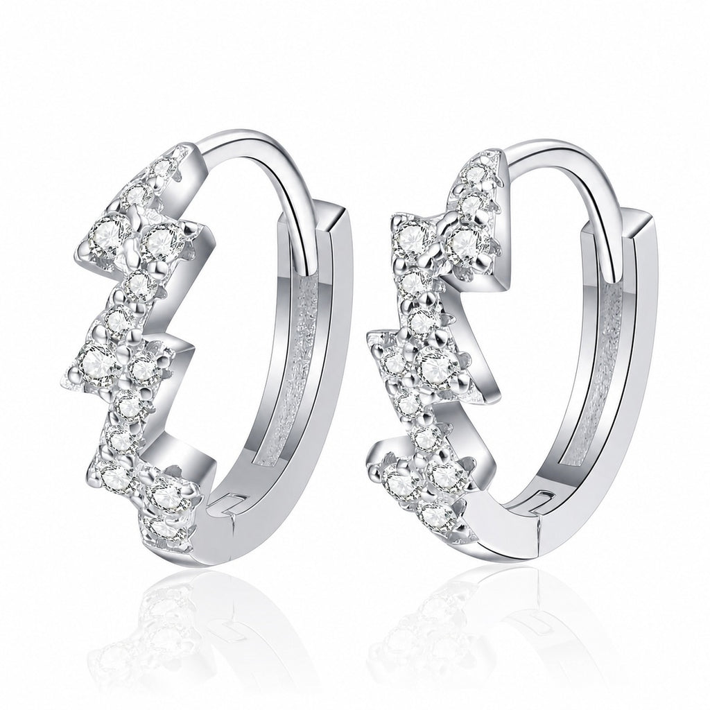 Wave Moissanite Huggie Hoop Earrings in Rhodium-Plated S925 sterling silver white background product photo showing the pair, stone shape, and huggie hoop earrings silhouette