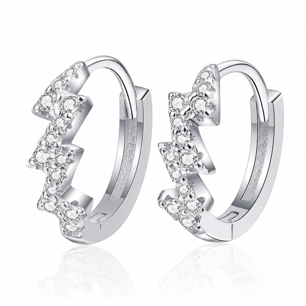 Wave Moissanite Huggie Hoop Earrings in Rhodium-Plated S925 sterling silver white background product photo showing the pair, stone shape, and huggie hoop earrings silhouette