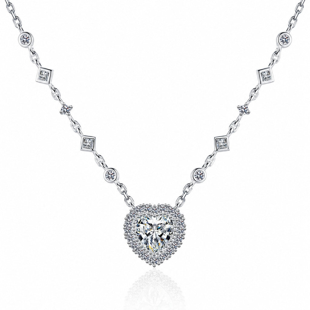 Heart Halo Moissanite Station Necklace with CZ in Rhodium-Plated S925 sterling silver white background product photo showing heart halo pendant with chain-set moissanite stations and CZ accents