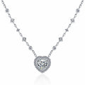 Heart Halo Moissanite Station Necklace with CZ in Rhodium-Plated S925 sterling silver white background product photo showing heart halo pendant with chain-set moissanite stations and CZ accents