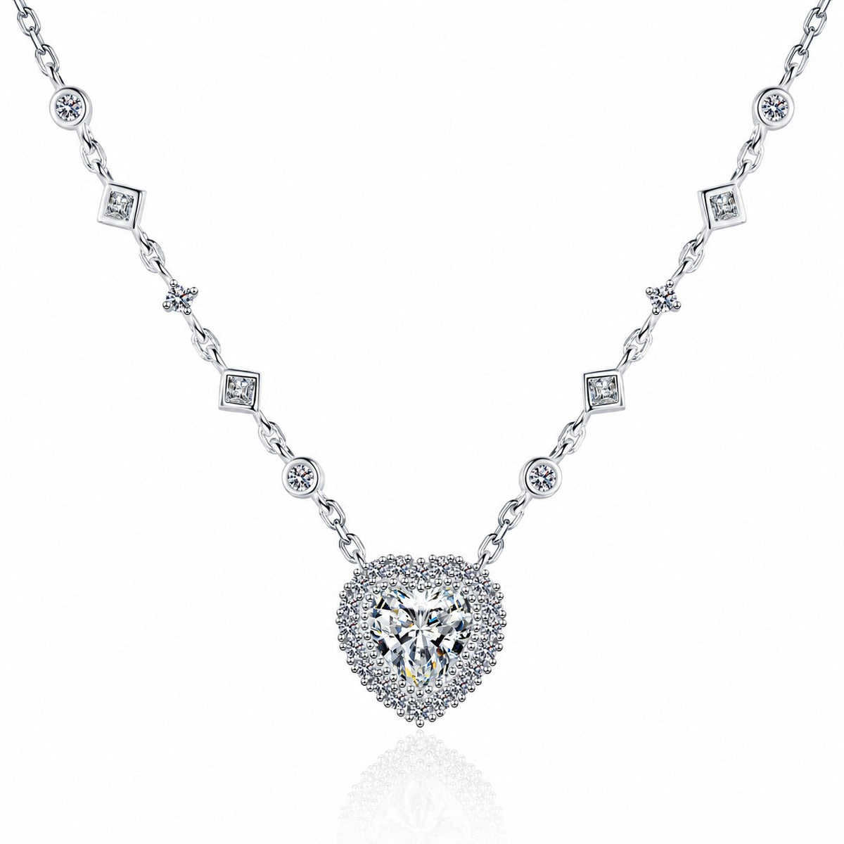 Heart Halo Moissanite Station Necklace with CZ in Rhodium-Plated S925 sterling silver white background product photo showing heart halo pendant with chain-set moissanite stations and CZ accents