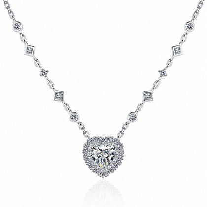 Heart Halo Moissanite Station Necklace with CZ in Rhodium-Plated S925 sterling silver white background product photo showing heart halo pendant with chain-set moissanite stations and CZ accents