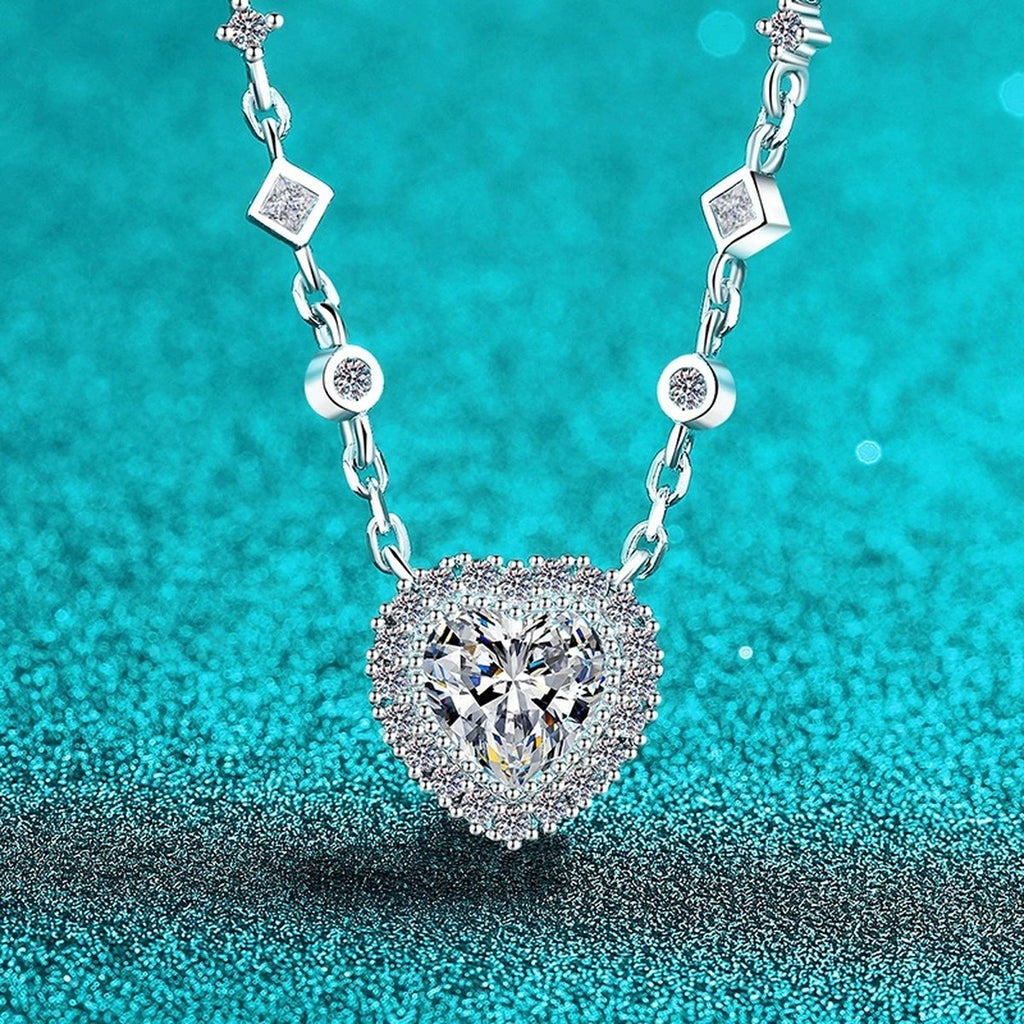 Heart Halo Moissanite Station Necklace with CZ in Rhodium-Plated S925 sterling silver close-up product scene showing pendant setting