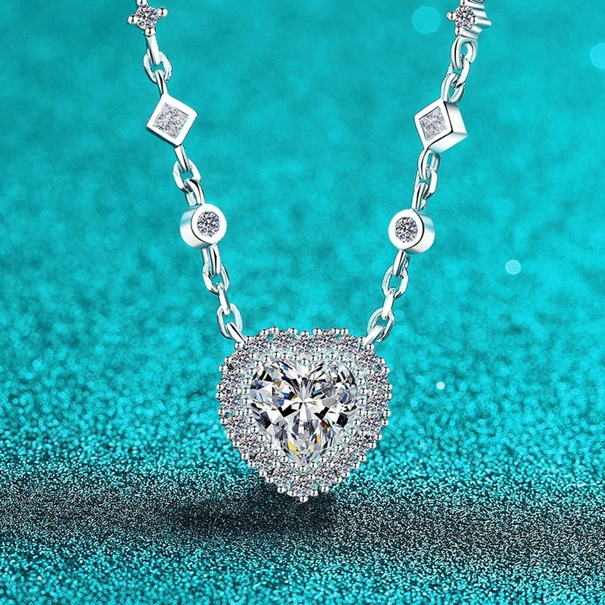Heart Halo Moissanite Station Necklace with CZ in Rhodium-Plated S925 sterling silver close-up product scene showing pendant setting