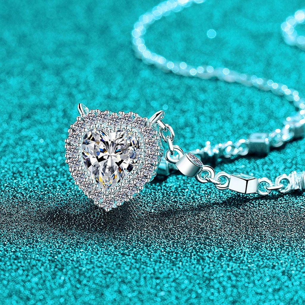 Heart Halo Moissanite Station Necklace with CZ in Rhodium-Plated S925 sterling silver blue display scene showing chain and stone layout