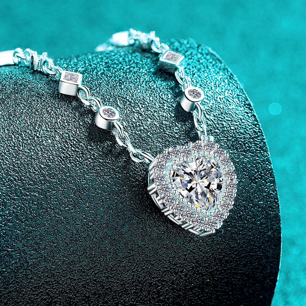 Heart Halo Moissanite Station Necklace with CZ in Rhodium-Plated S925 sterling silver angled product detail view