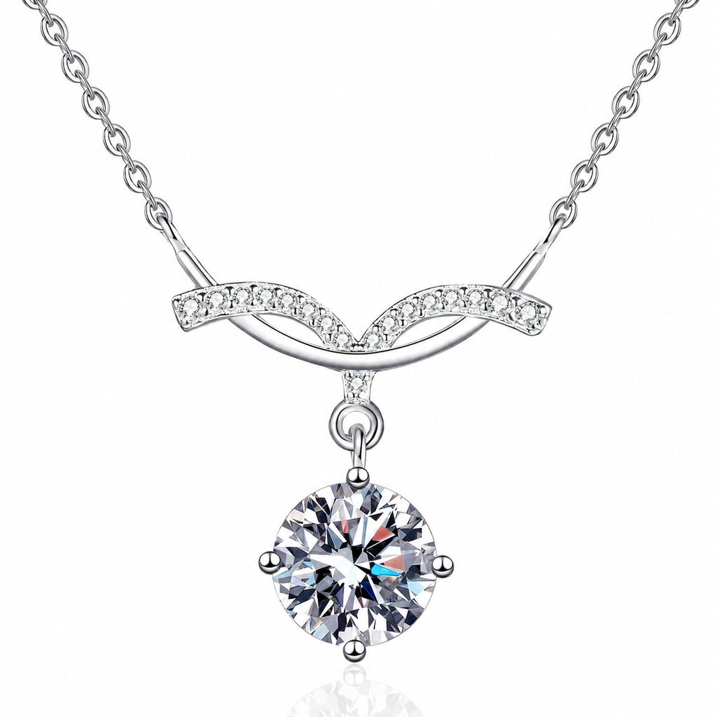 Angel Wing Round Moissanite Pendant Necklace with CZ in Rhodium-Plated S925 sterling silver white background product photo showing angel wing pendant with a round moissanite drop and CZ wing detail