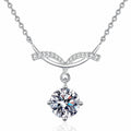 Angel Wing Round Moissanite Pendant Necklace with CZ in Rhodium-Plated S925 sterling silver white background product photo showing angel wing pendant with a round moissanite drop and CZ wing detail
