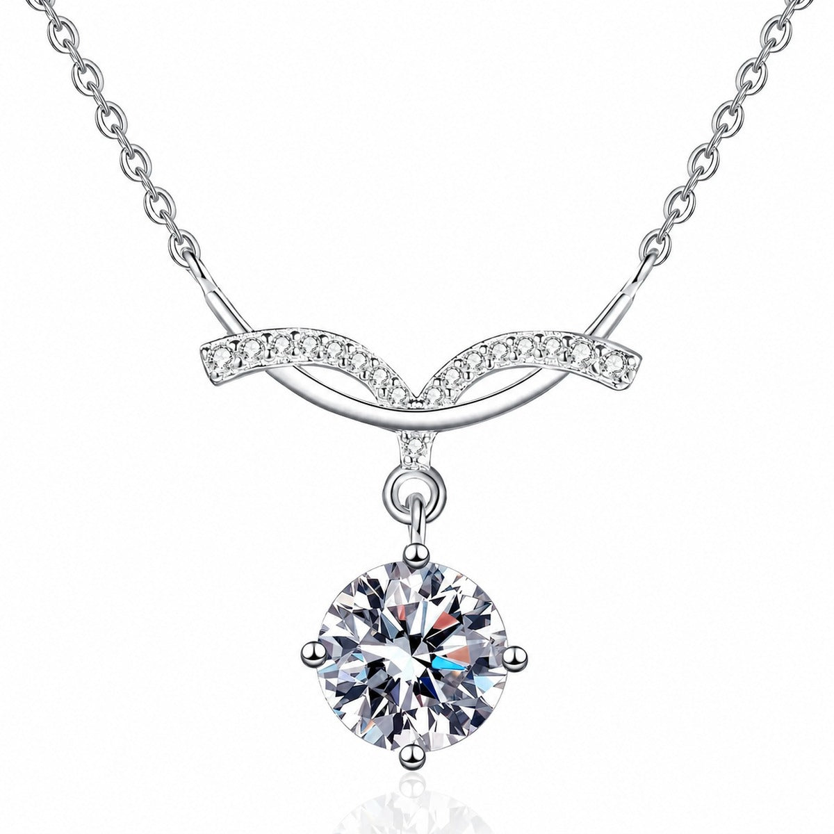 Angel Wing Round Moissanite Pendant Necklace with CZ in Rhodium-Plated S925 sterling silver white background product photo showing angel wing pendant with a round moissanite drop and CZ wing detail