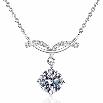 Angel Wing Round Moissanite Pendant Necklace with CZ in Rhodium-Plated S925 sterling silver white background product photo showing angel wing pendant with a round moissanite drop and CZ wing detail