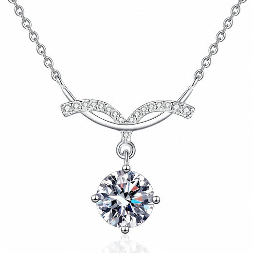Angel Wing Round Moissanite Pendant Necklace with CZ in Rhodium-Plated S925 Sterling Silver